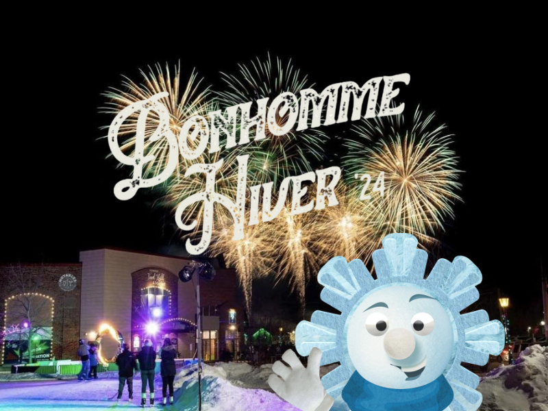 Image of Founder's Hall at night in winter under fireworks with Jack Frost Festival logo