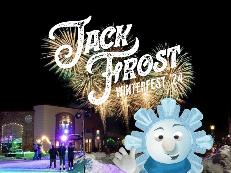 Image of Founders' Hall at night in winter under fireworks with JACK FROST FEST logo