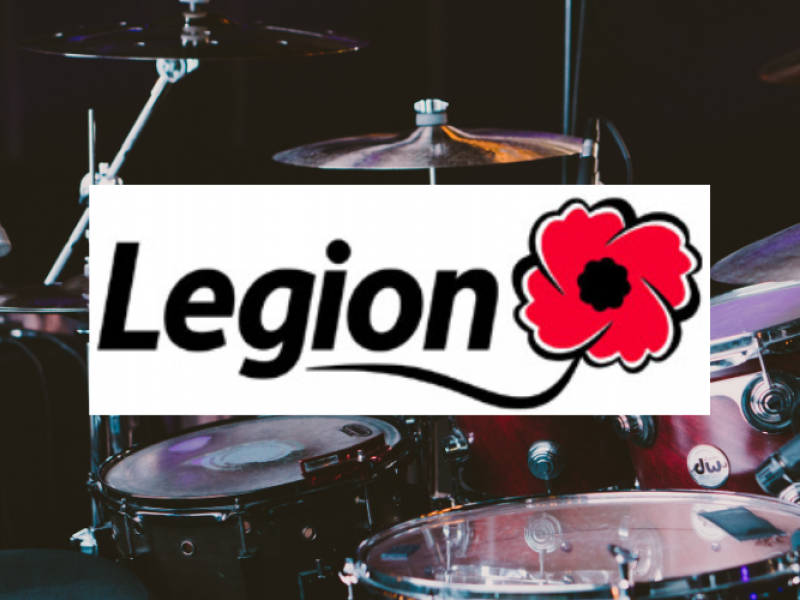 Image of drum set in background with Legion logo in front