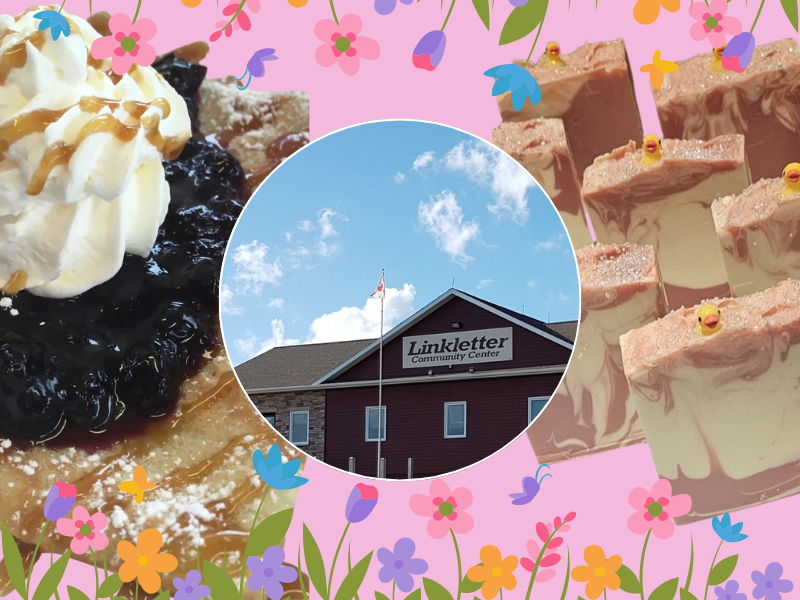 Image of Linkletter Community Centre in centre with images of crepe, handmade soaps and spring flowersin background