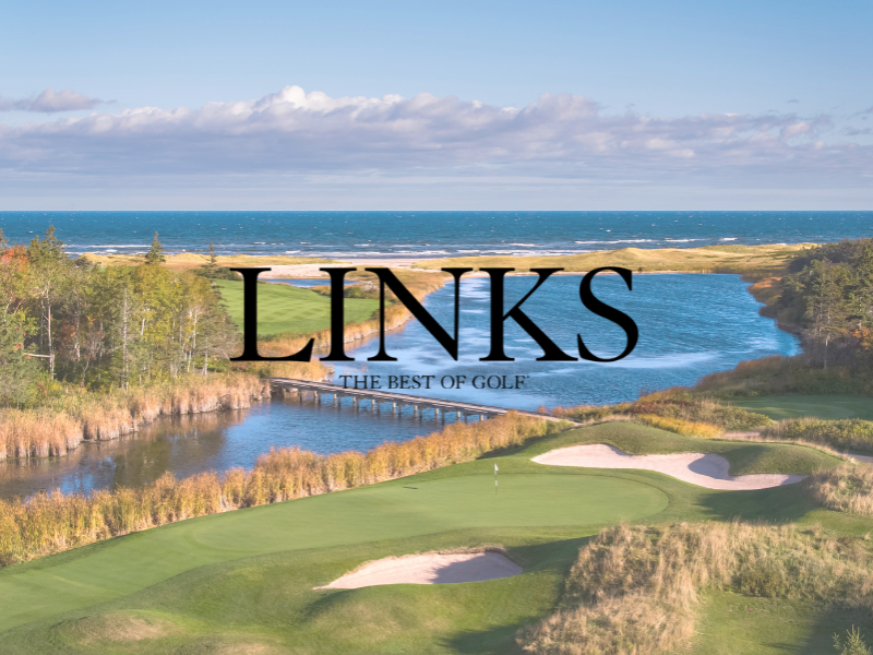 Aerial view of coastal at Crowbush with LINKS magazine logo in foreground