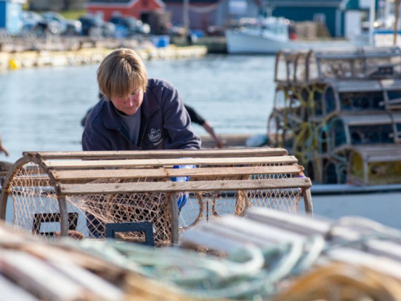 Female prepares trap on the wharf in fishing village