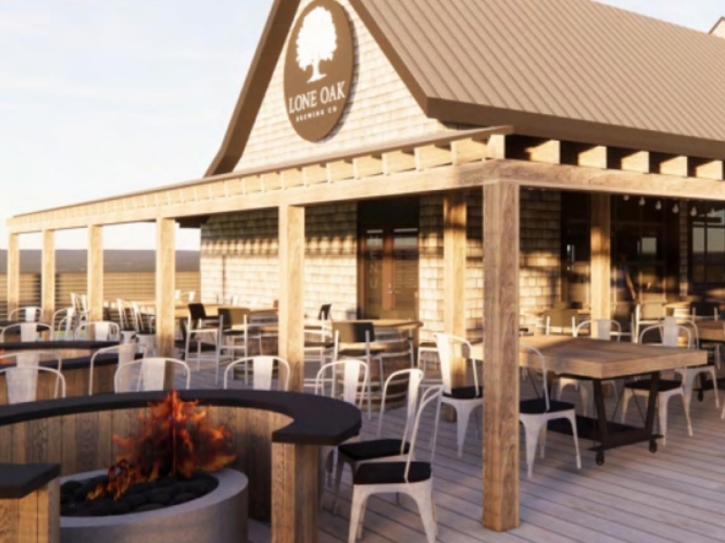 Exterior view of outdoor patio at Lone Oak Beer Garden, Avonlea Village, Cavendish