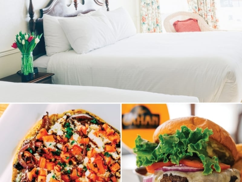 Image of guest room, flat bread pizza and hamburger