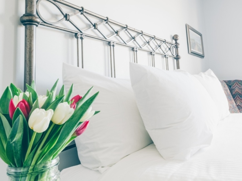 Guest bed dressed in white with vase of fresh tulips bedside