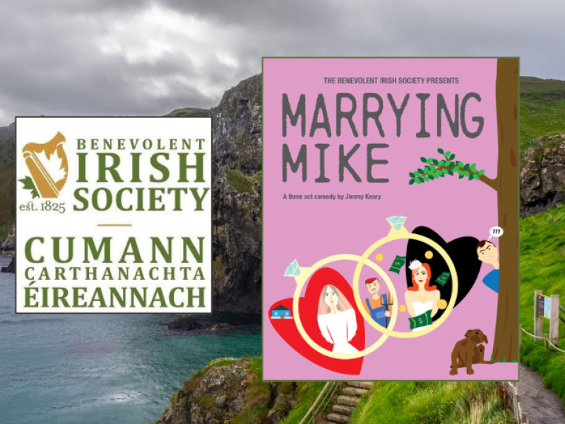 Graphic image of "Marrying Mike" poster with BIS logo and Ireland landscape image in background