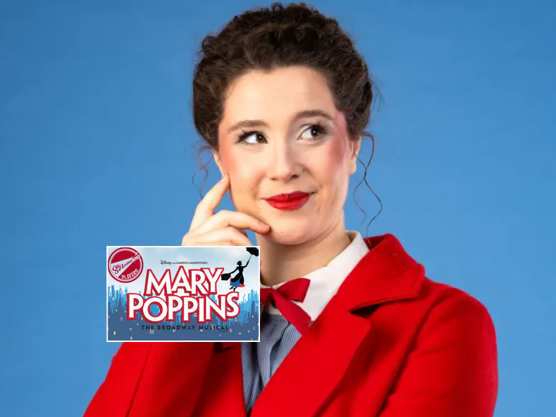 Portrait image of Julia Cerisano as Mary Poppins with promo box insert