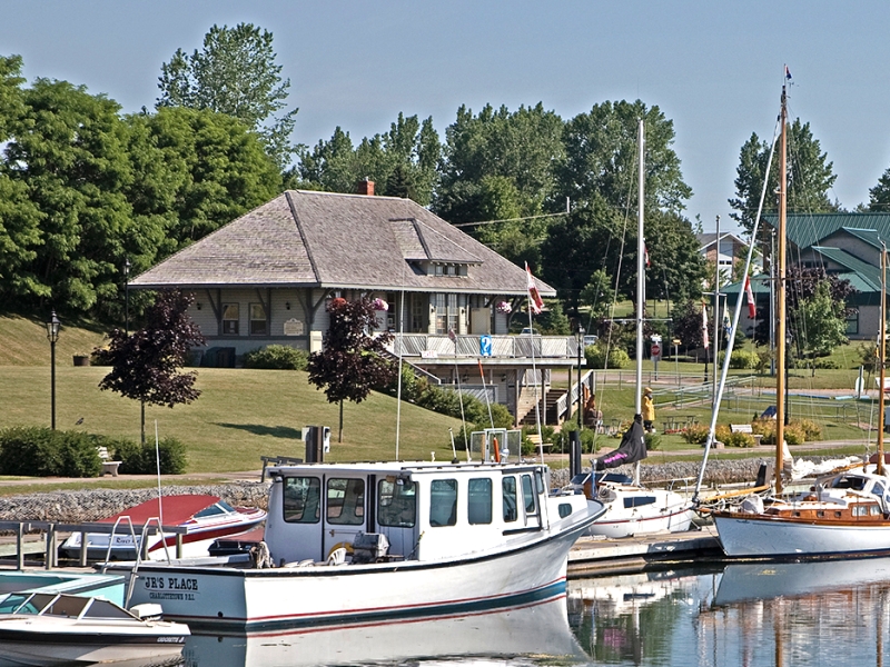 Exterior view of Montague Train Station from the waterfront in summer, home of the visitor information centre
