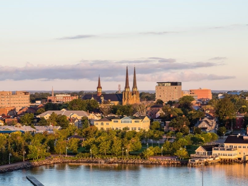 Aerial image of historic downtown Charlottetown and Hillsborough River