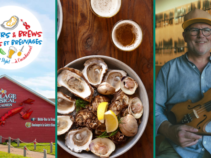 Image of Village Musical building, raw oysters on the half shell and Robert Pendergast holding a fiddle