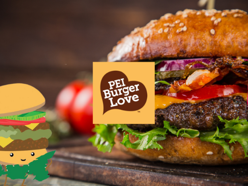 Big juicy burger on cutting board with PEI Burger Love logo