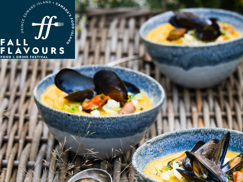 Image of bowls of seafood chowder with PEI Fall Flavours Festival logo in top left corner