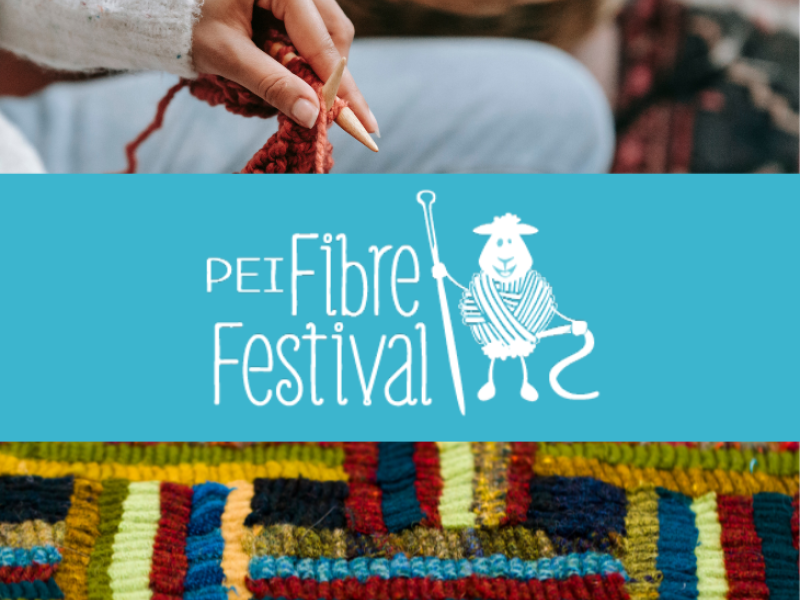 PEI Fibre festival logo with image of hooked rug and close-up of hands knitting