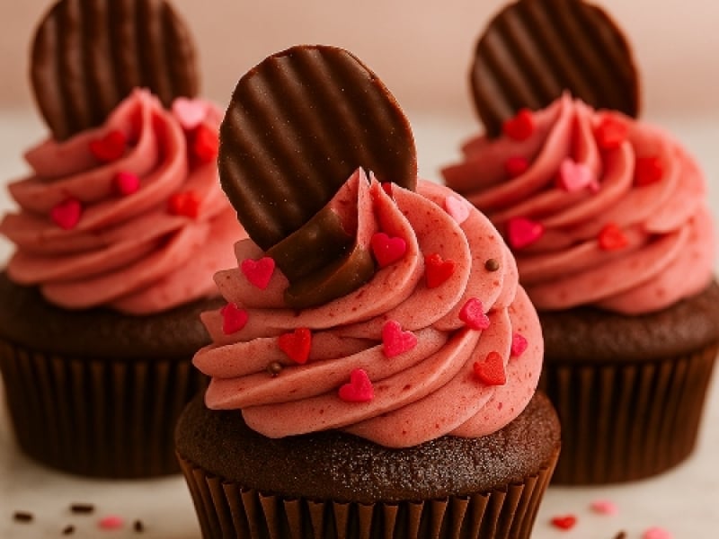 Three PEI Potato Chocolate Cupcakes with red icing and a chocolate covered potato chip on top