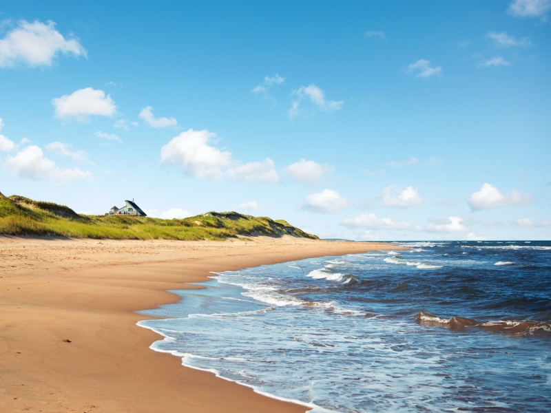 PEI Beaches PEI white sand beach and sand dune under blue sky with cottage in distance