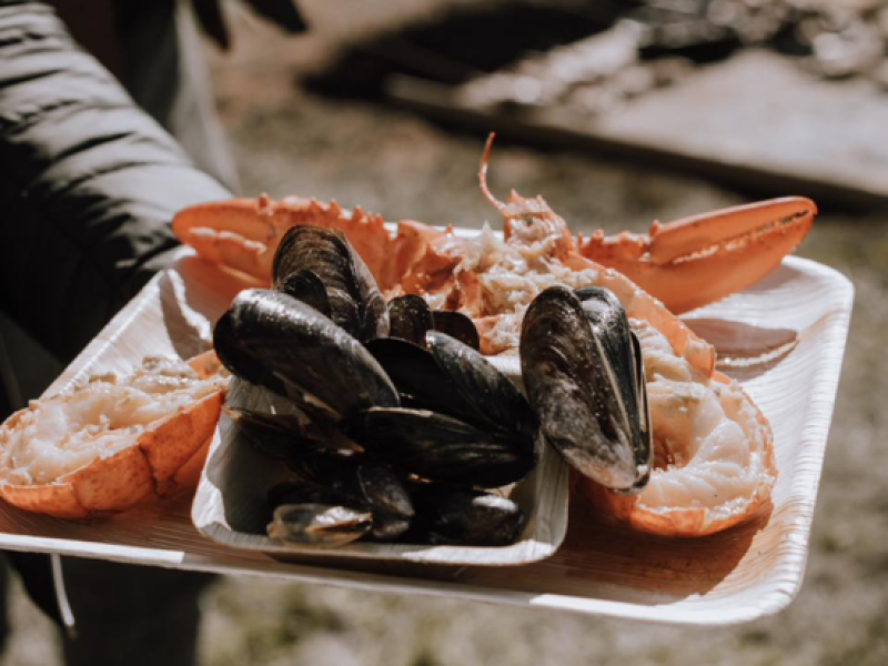 Plat of freshly cooked halfed lobster and steamed PEI Mussels in outdoor setting