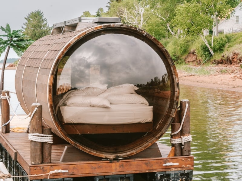 exterior view of floating wine barrel accommodations