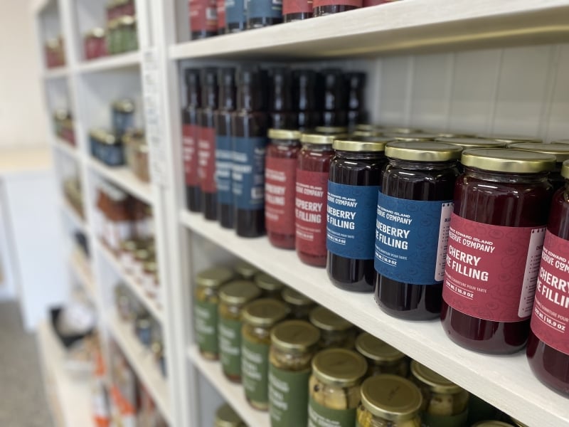 Shelves of product at PEI Preserve Co at Peake's Quay