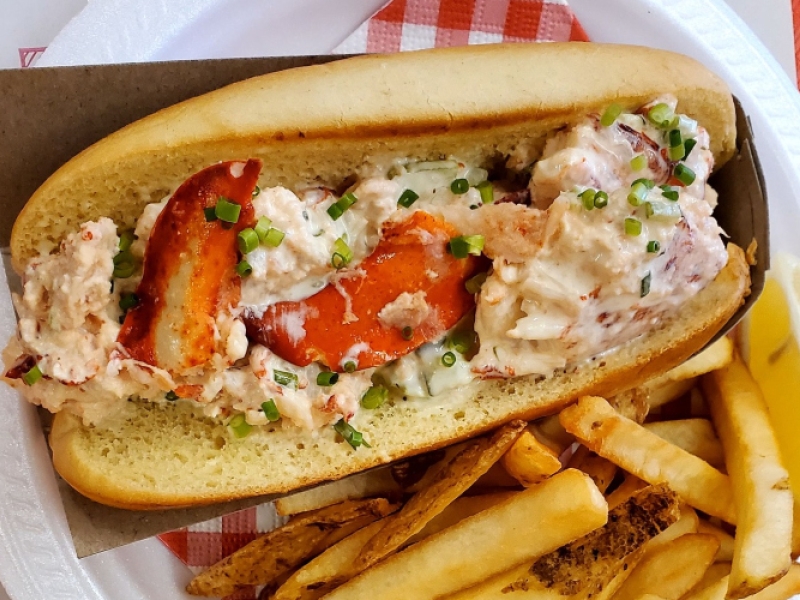 Close-up of lobster roll and fries