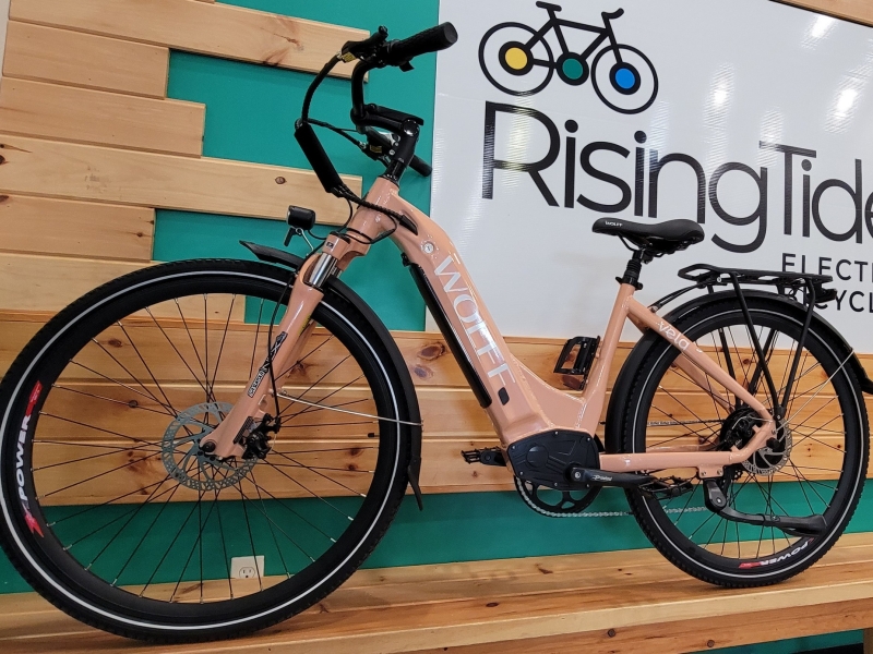 A blush pink electric bike stands in front of a Rising Tide Electric Bikes banner indoors