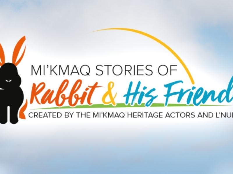 Graphic image of rabbit with title "Mi'kmaq Stories of Rabbit & His Friends"