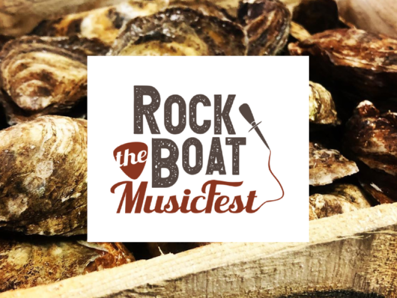 Rock the Boat MusicFest logo in centre with box of oysters pictured in background