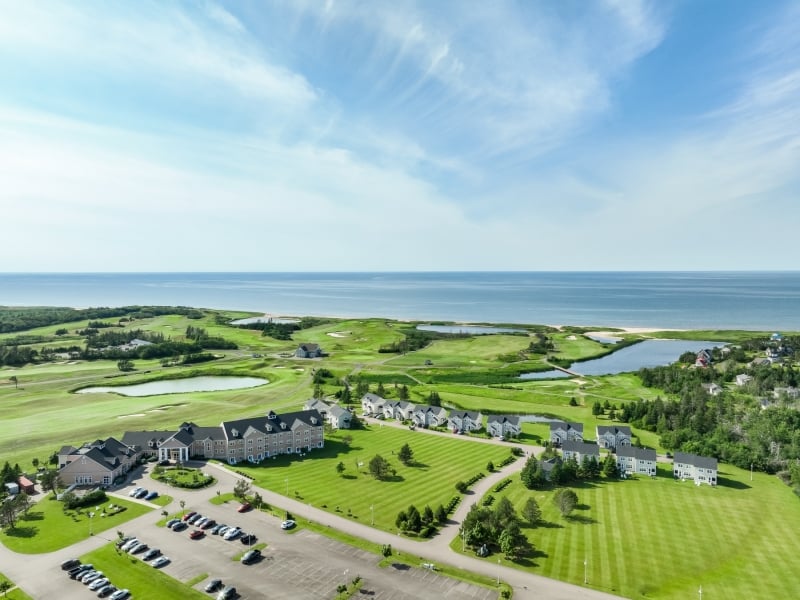 Aerial view of Rodd Crowbush Resort with golf course and beach in view