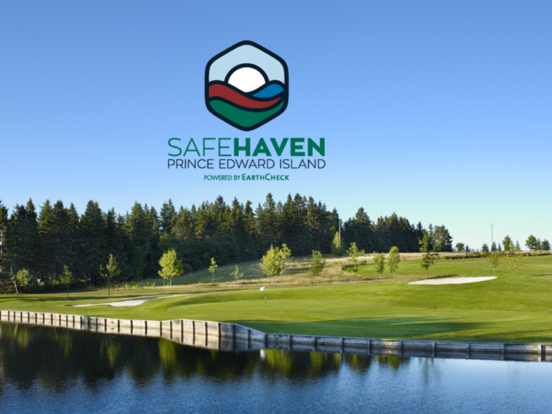 Image of Mill River golf course with Safe Haven logo in foreground