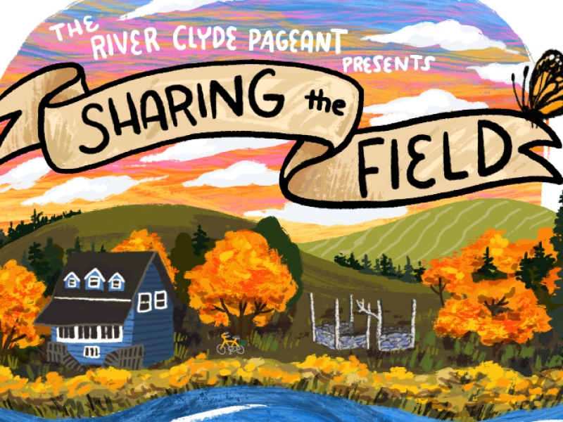 Graphic of painting of the Mill Restaurant in rural setting with fall colours and text "Sharing the Field"