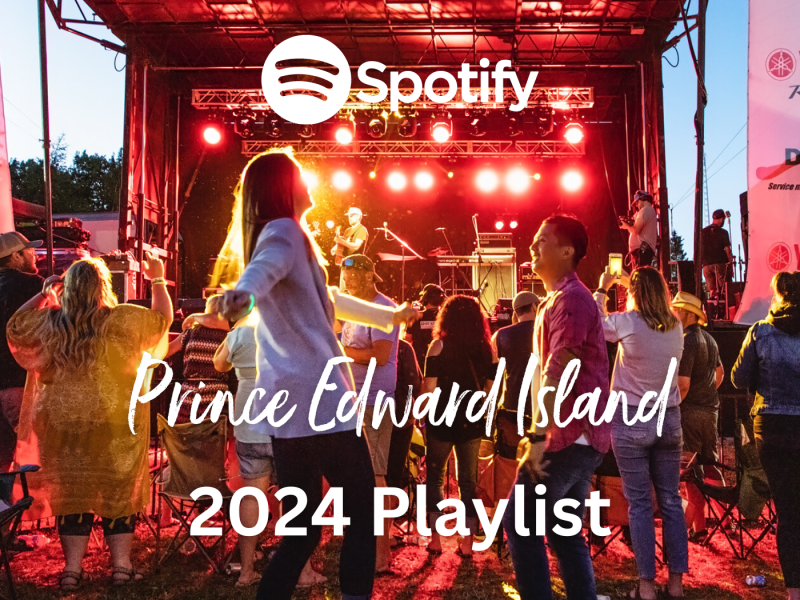 Duo dance in front of outdoor stage on summer night in PEI with Spotify logo and text "Prince Edward Island 2024 Playlist"