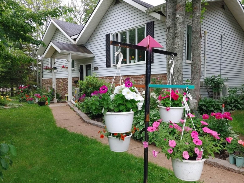 Walkway to lovely grey house with beautiful hanging baskets out front