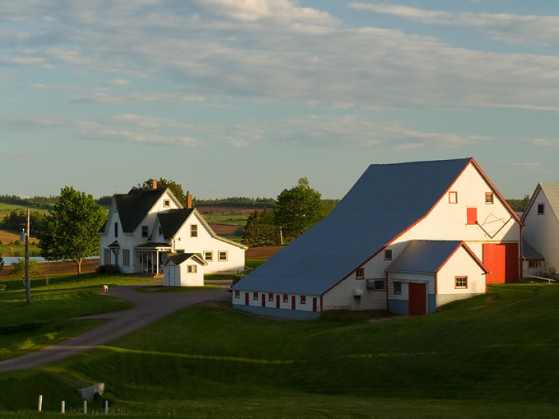 Vertical image of rural farm with house and barn surrounded by green fields and red soil of tilled field