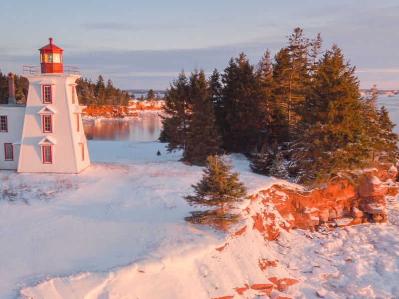 Aerial view of Block Lighthouse and red cliffs in winter