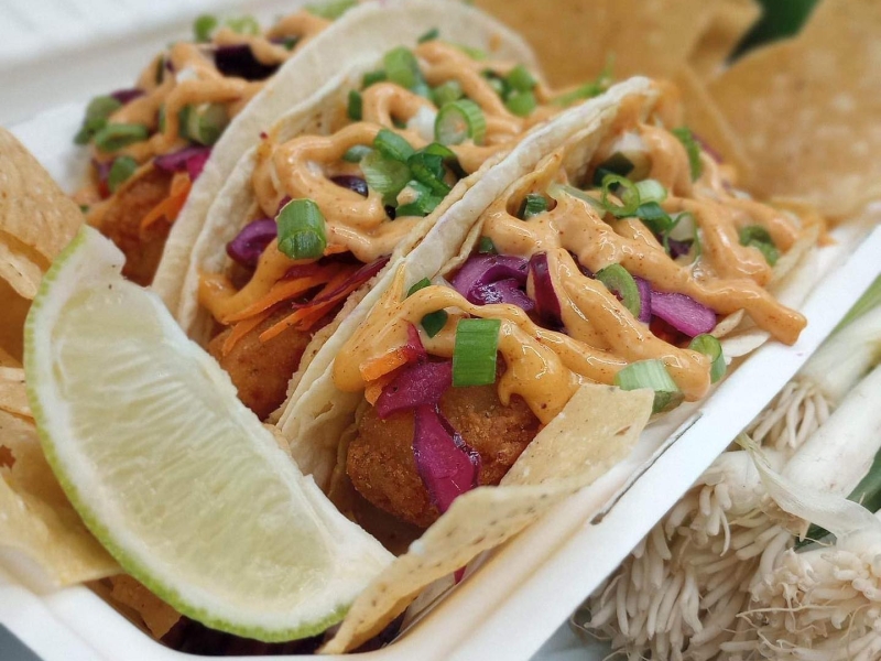 Fish tacos in take-out dish