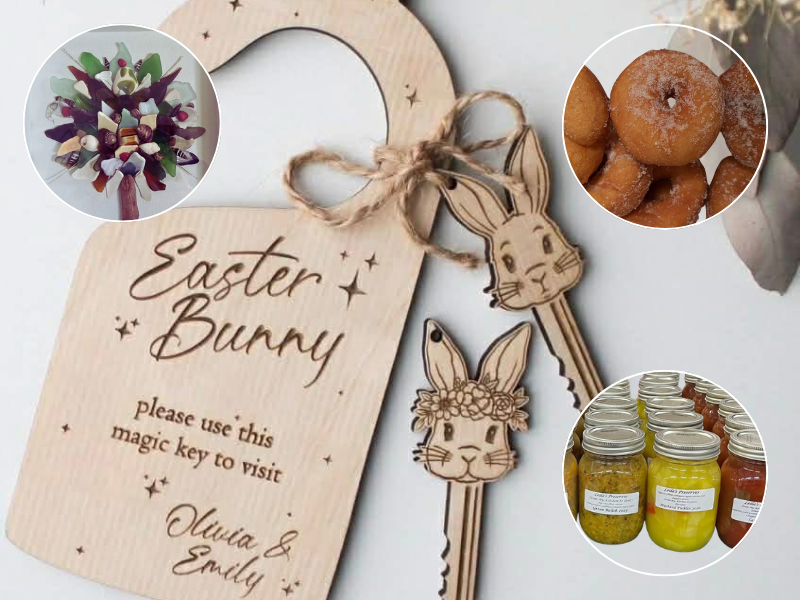 Homemade donuts, pickles, Easter Bunny keys and sea glass craft