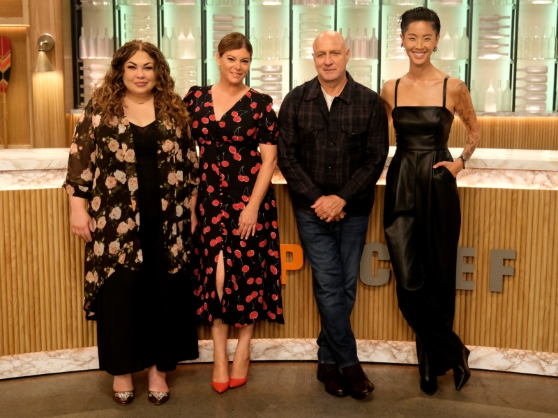 Image of Chef Ilona Daniel with hosts of Top Chef US on tv set