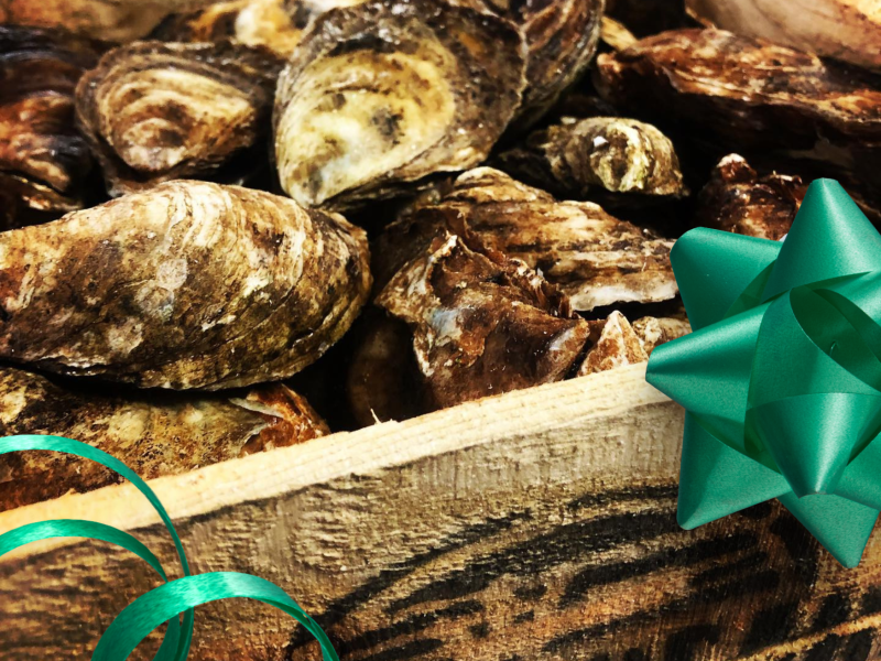 Box of Tyne Valley Oyster Pearls with Christmas decorations