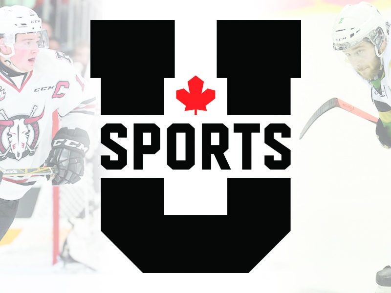 Image of U SPORTS Hockey National Championship logo with two hockey players in background. 