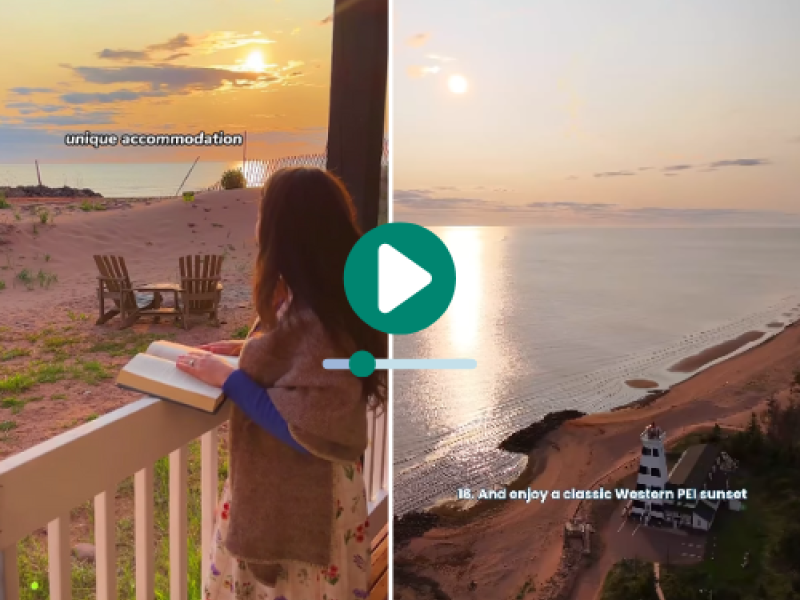 Sunset from deck of guest room and aerial drone image of West Point Lighthouse & Inn