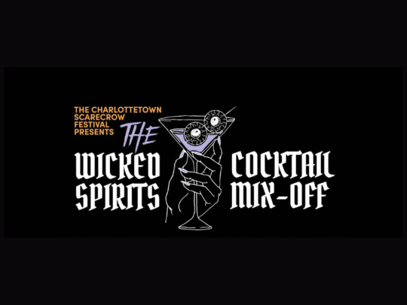 Graphic image of witches hand holding a martini glass with eyeballs instead of olives on a pick