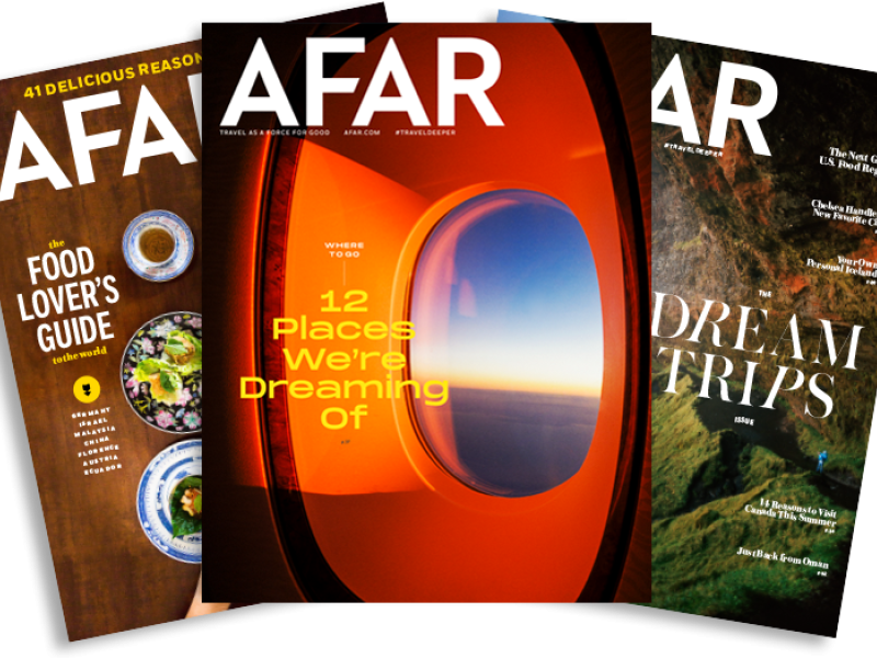 Image of three covers of AFAR magazine