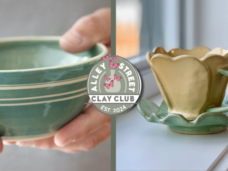 Green pottery bowl and tulip shaped tea cup with Alley St Studio logo