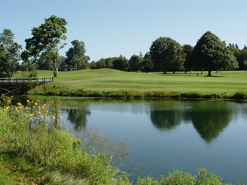 view of small body of water, small bridge and greens of the Belvedere golf course