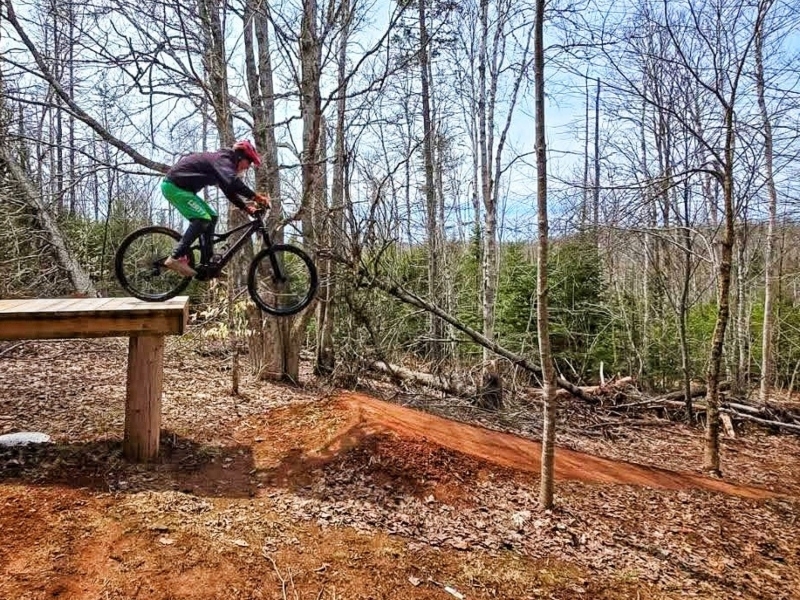 Cyclist on edge of platform on Black Fly MTB trail, Brookvale