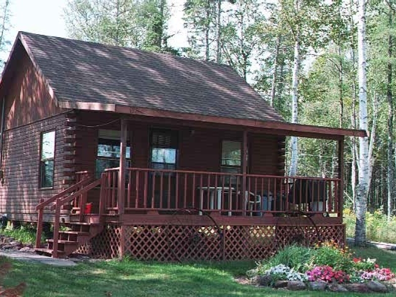 beautiful brown log cabin with large veranda on front. set in a grove of trees