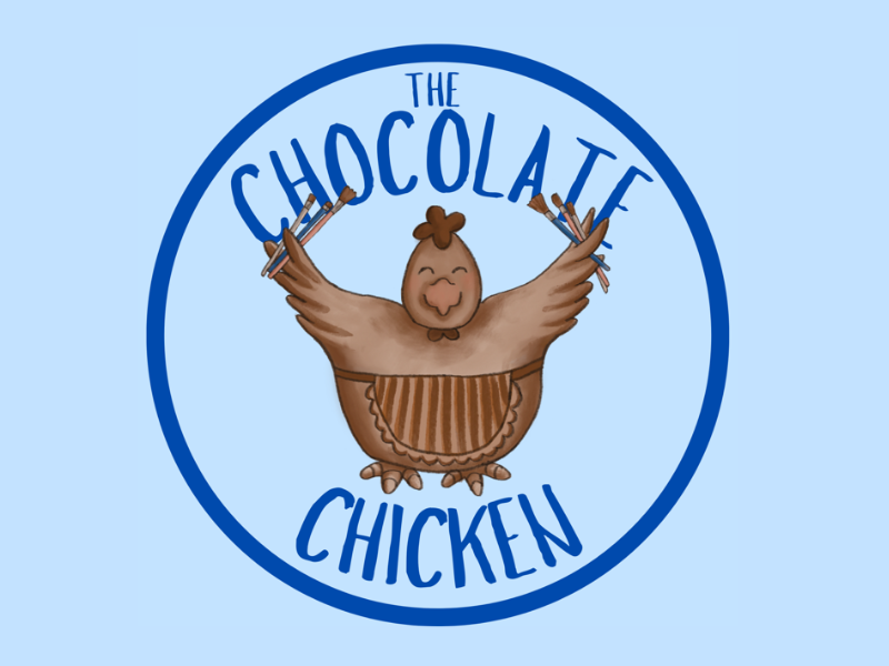 Illustration of brown chicken holding paint brushes