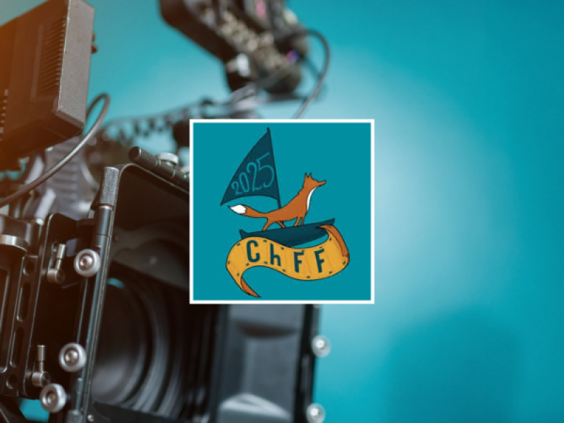 Charlottetown Film Festival logo of fox on small boat with stock image of film camera in background