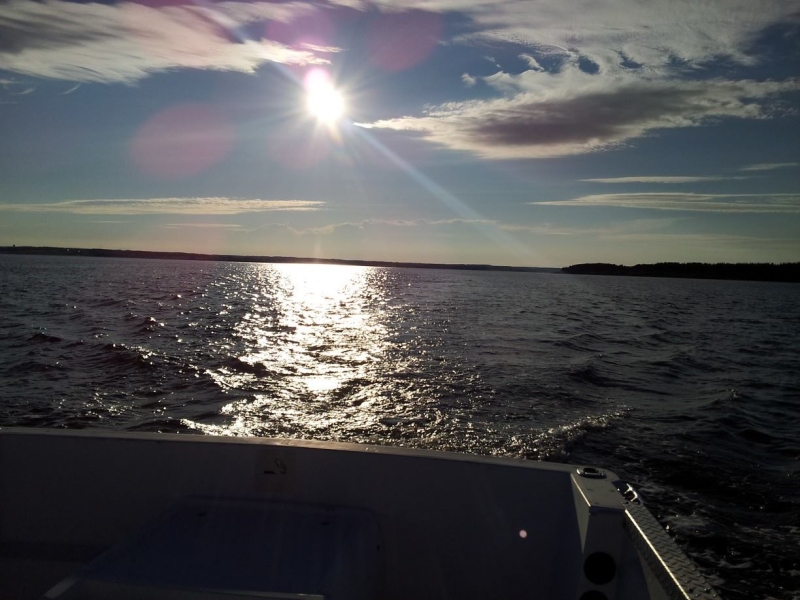 View from back of a boat, with sun shining and water glistening.
