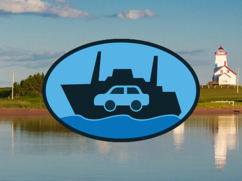 Aerial view of Wood Islands in background with Blue graphic image of car ferry in oval in foreground