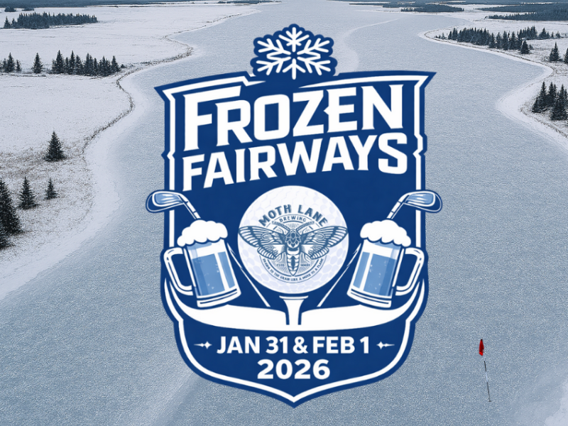 Frozen Fairways event logo with aerial image of frozen Conway Narrows